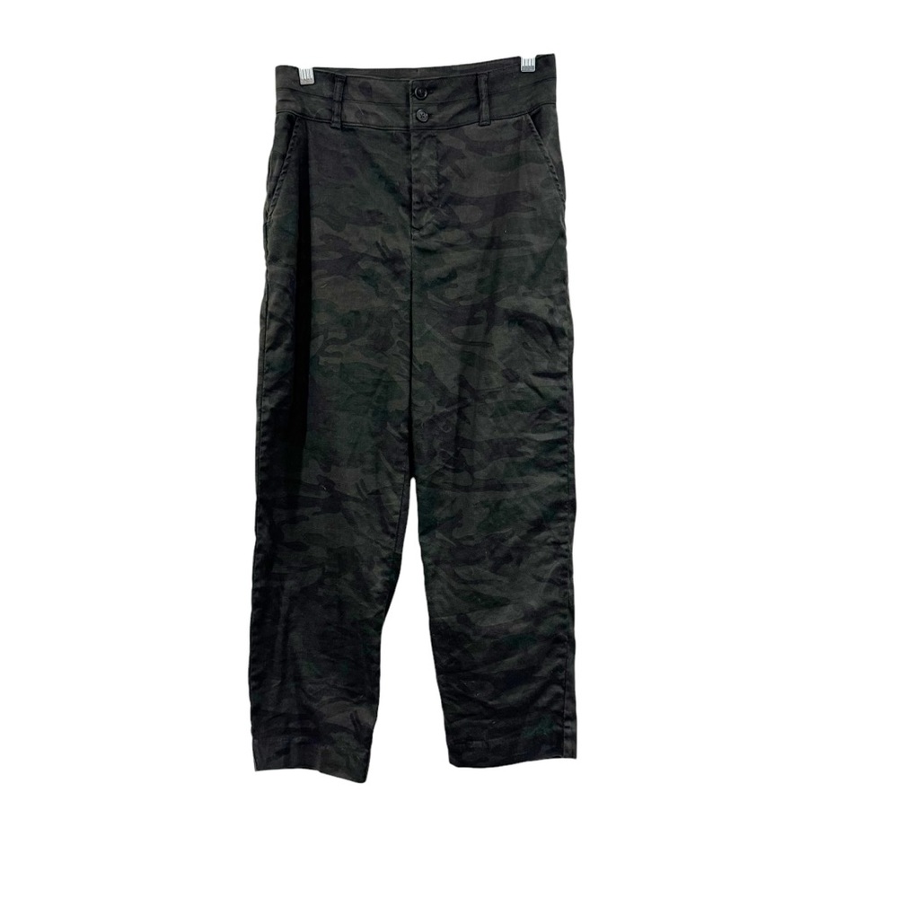 Evereve cropped camo pants high rise straight wide leg green midnight Sz 26 X 25
